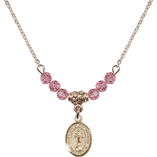 14kt Gold Filled Our Lady of All Nations Birthstone Necklace with Rose Beads - 9242