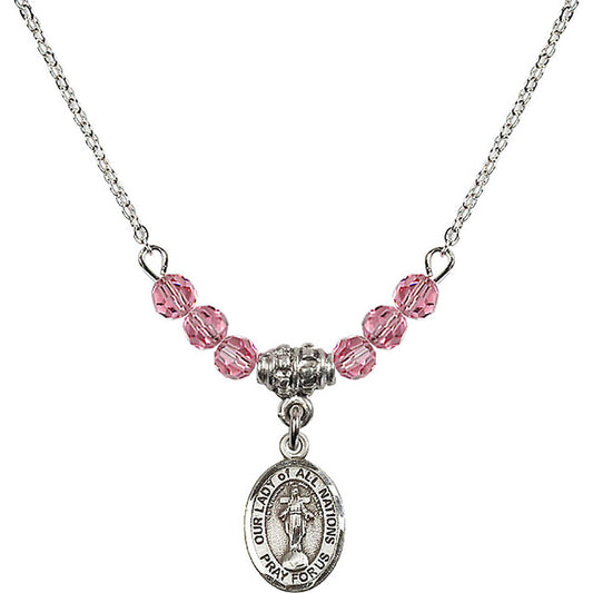 Sterling Silver Our Lady of All Nations Birthstone Necklace with Rose Beads - 9242