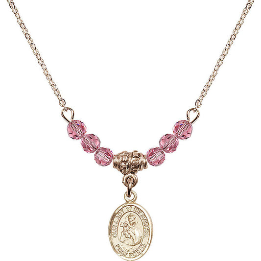 14kt Gold Filled Our Lady of Mount Carmel Birthstone Necklace with Rose Beads - 9243