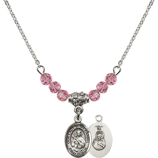 Sterling Silver Our Lady of Mount Carmel Birthstone Necklace with Rose Beads - 9243