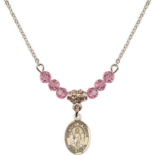 14kt Gold Filled Our Lady of Knock Birthstone Necklace with Rose Beads - 9246