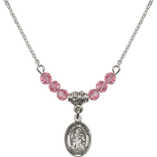 Sterling Silver Saint Isaiah Birthstone Necklace with Rose Beads - 9258