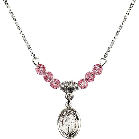 Sterling Silver Saint Hildegard von Bingen Birthstone Necklace with Rose Beads - 9260