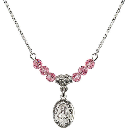 Sterling Silver Saint Wenceslaus Birthstone Necklace with Rose Beads - 9273