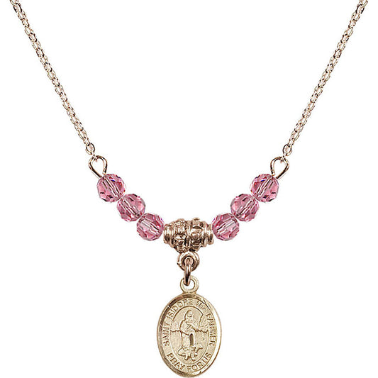 14kt Gold Filled Saint Isidore the Farmer Birthstone Necklace with Rose Beads - 9276