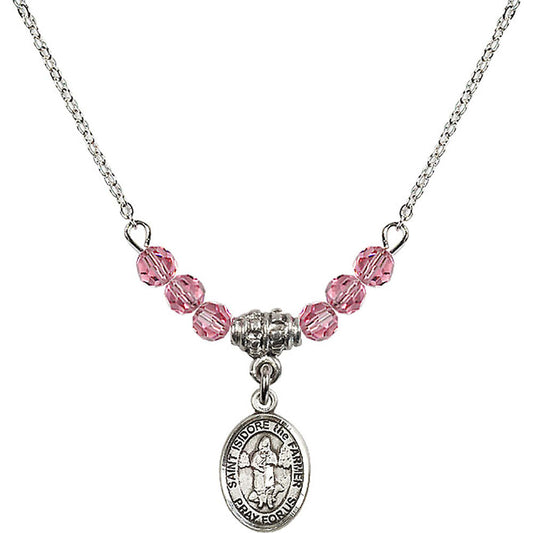 Sterling Silver Saint Isidore the Farmer Birthstone Necklace with Rose Beads - 9276