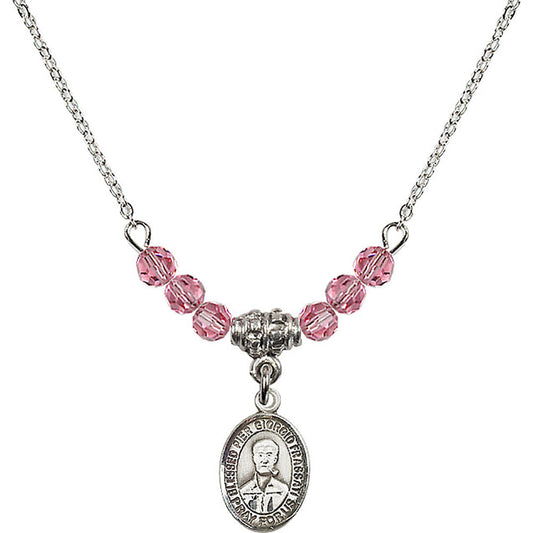 Sterling Silver Blessed Pier Giorgio Frassati Birthstone Necklace with Rose Beads - 9278