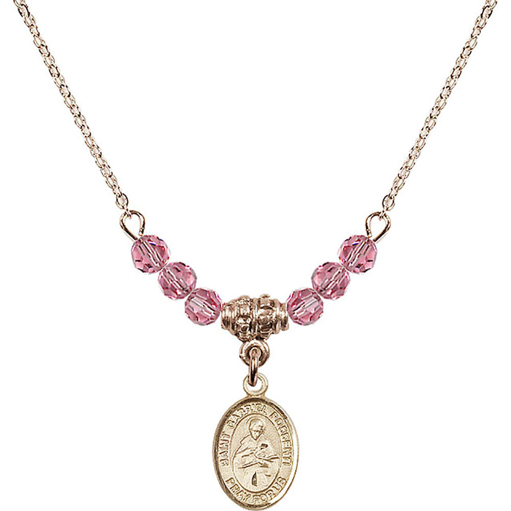14kt Gold Filled Saint Gabriel Possenti Birthstone Necklace with Rose Beads - 9279