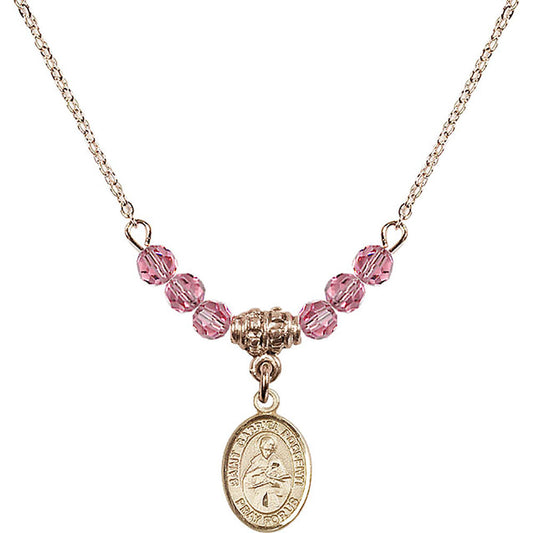 14kt Gold Filled Saint Gabriel Possenti Birthstone Necklace with Rose Beads - 9279