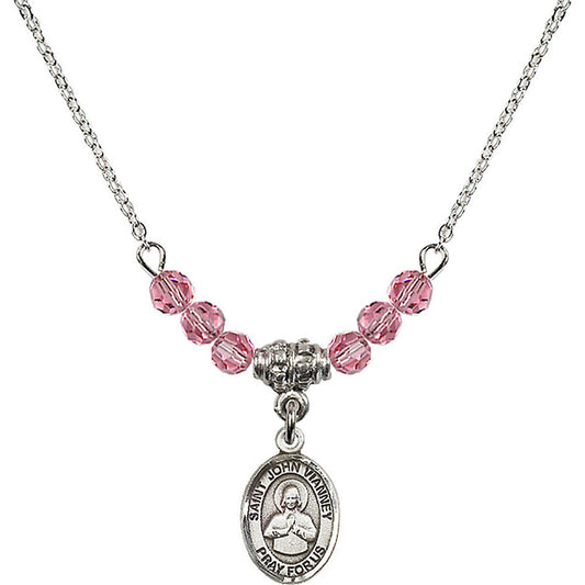 Sterling Silver Saint John Vianney Birthstone Necklace with Rose Beads - 9282