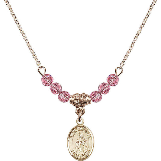 14kt Gold Filled Saint Angela Merici Birthstone Necklace with Rose Beads - 9284