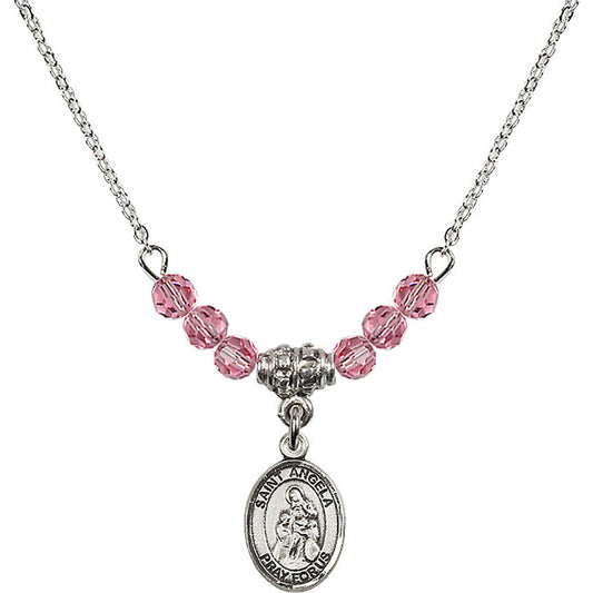 Sterling Silver Saint Angela Merici Birthstone Necklace with Rose Beads - 9284