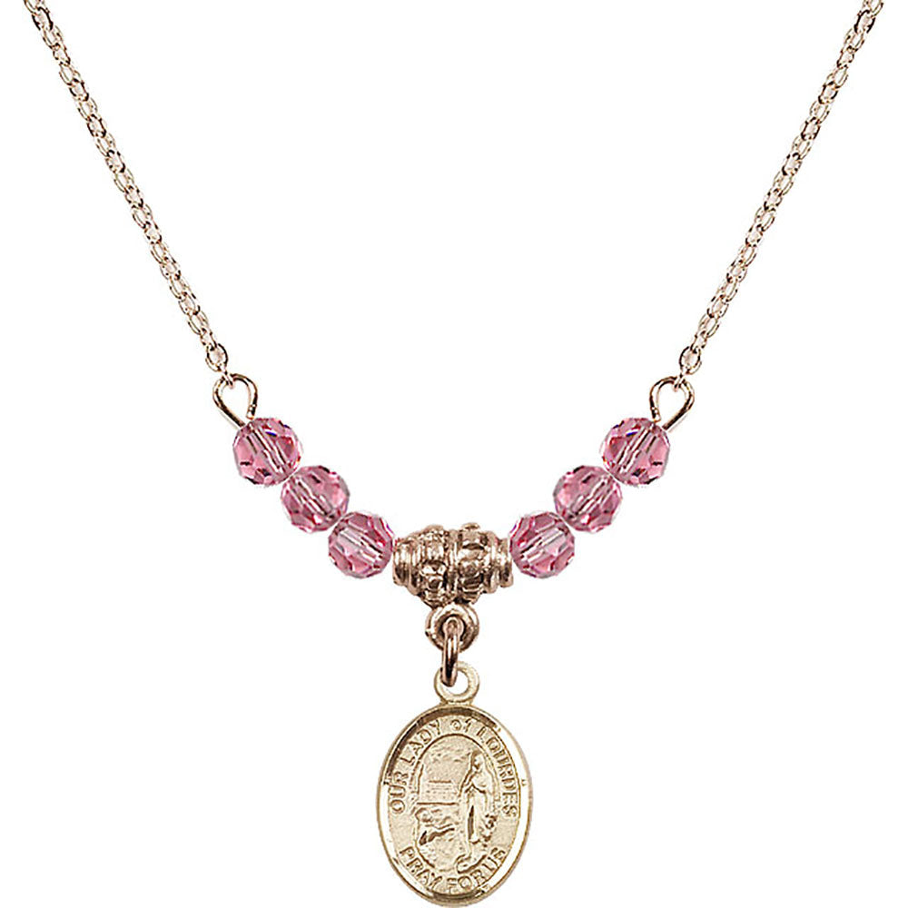 14kt Gold Filled Our Lady of Lourdes Birthstone Necklace with Rose Beads - 9288