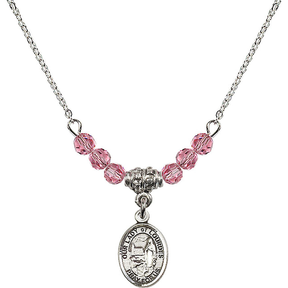 Sterling Silver Our Lady of Lourdes Birthstone Necklace with Rose Beads - 9288
