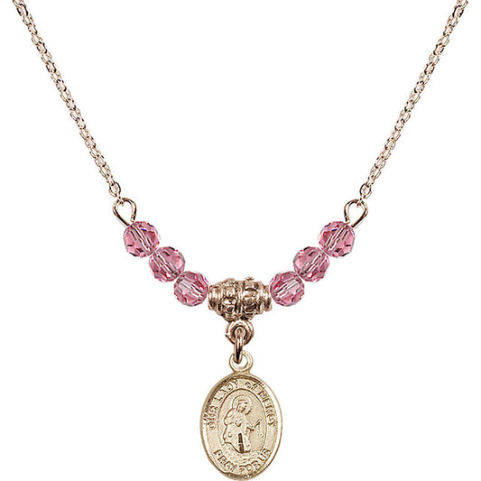 14kt Gold Filled Our Lady of Mercy Birthstone Necklace with Rose Beads - 9289