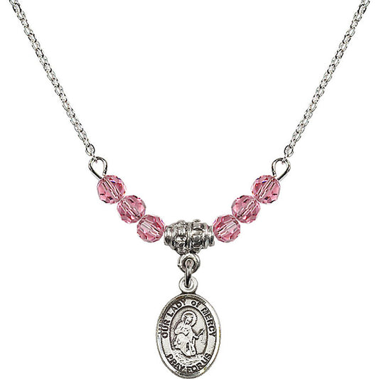Sterling Silver Our Lady of Mercy Birthstone Necklace with Rose Beads - 9289