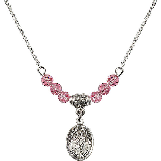 Sterling Silver Saint Peter Nolasco Birthstone Necklace with Rose Beads - 9291