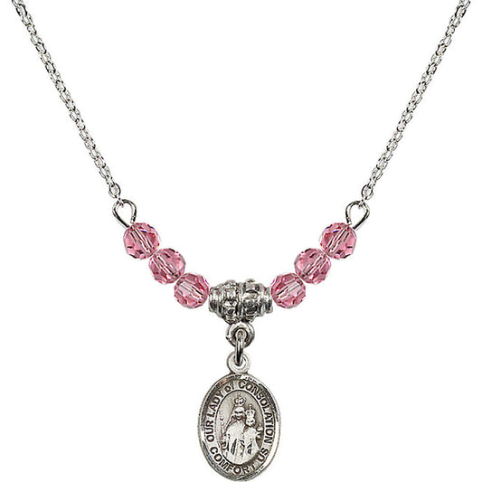 Sterling Silver Our Lady of Consolation Birthstone Necklace with Rose Beads - 9292