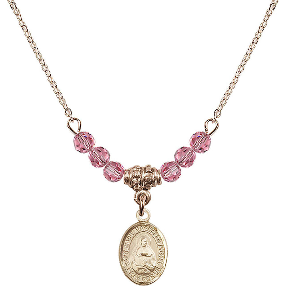 14kt Gold Filled Saint Marie Magdalen Postel Birthstone Necklace with Rose Beads - 9294
