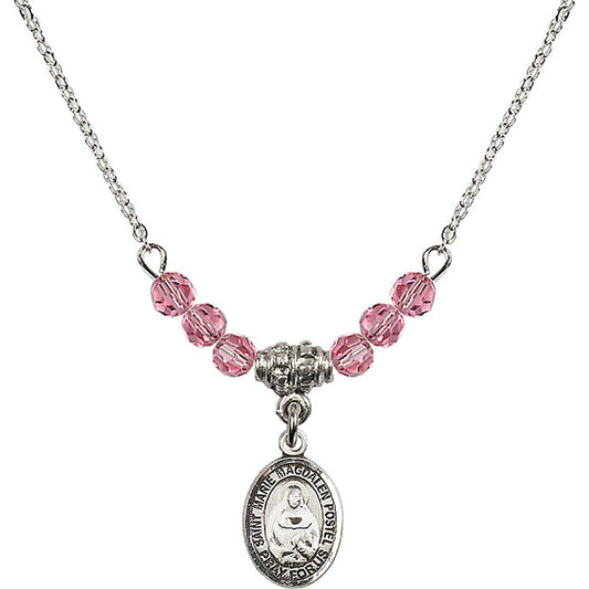 Sterling Silver Saint Marie Magdalen Postel Birthstone Necklace with Rose Beads - 9294