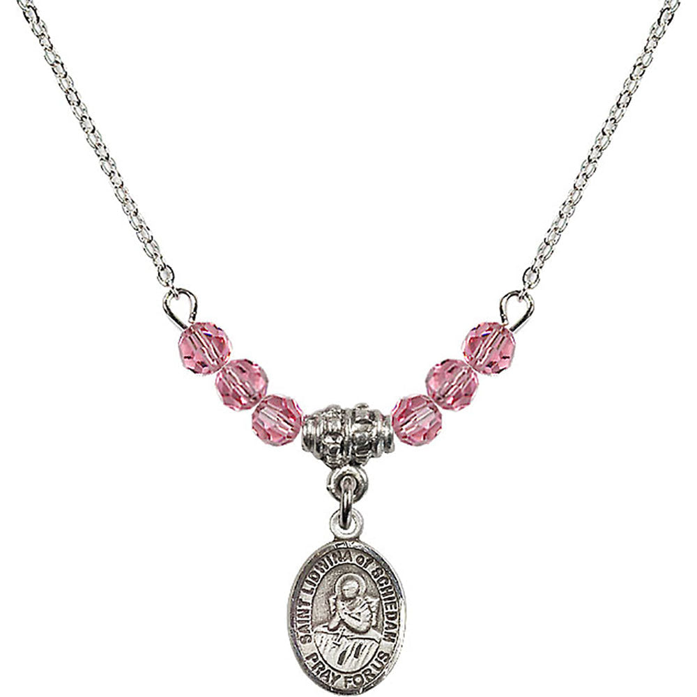 Sterling Silver Saint Lidwina of Schiedam Birthstone Necklace with Rose Beads - 9297