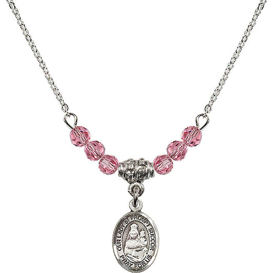 Sterling Silver Our Lady of Prompt Succor Birthstone Necklace with Rose Beads - 9299