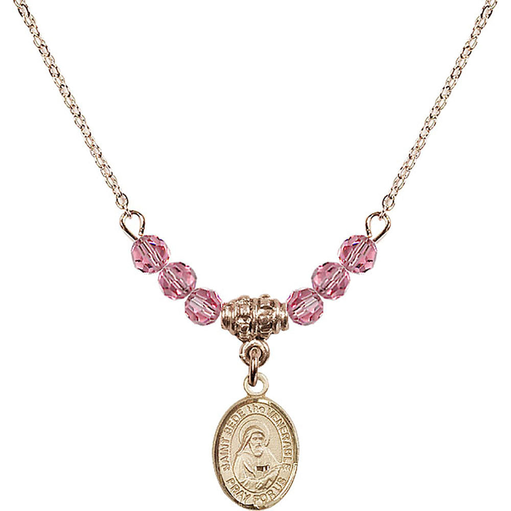 14kt Gold Filled Saint Bede the Venerable Birthstone Necklace with Rose Beads - 9302