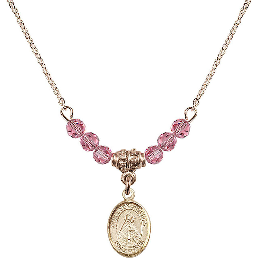 14kt Gold Filled Our Lady of Olives Birthstone Necklace with Rose Beads - 9303