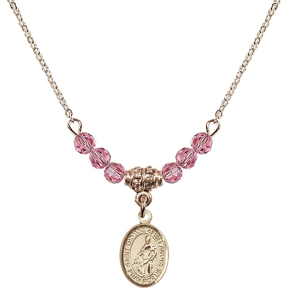 14kt Gold Filled Saint Thomas of Villanova Birthstone Necklace with Rose Beads - 9304