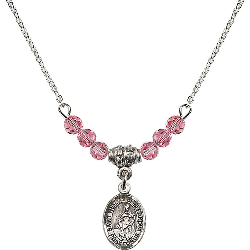 Sterling Silver Saint Thomas of Villanova Birthstone Necklace with Rose Beads - 9304