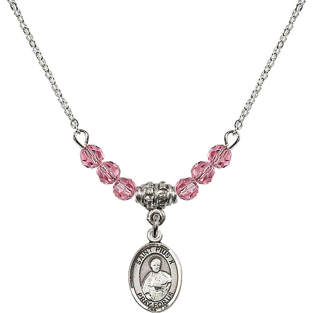 Sterling Silver Saint Pius X Birthstone Necklace with Rose Beads - 9305