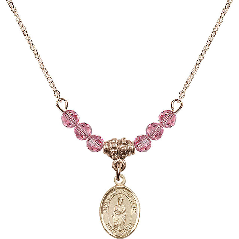 14kt Gold Filled Our Lady of Victory Birthstone Necklace with Rose Beads - 9306