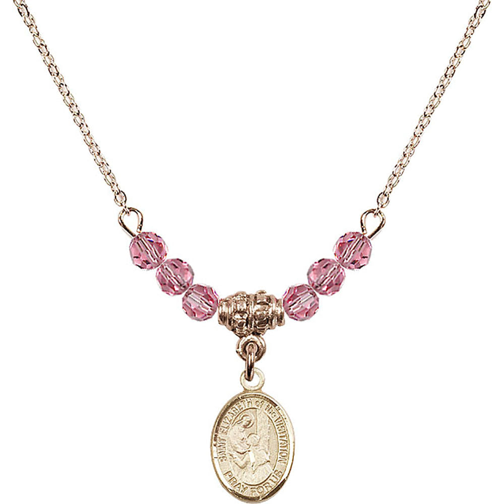 14kt Gold Filled Saint Elizabeth of the Visitation Birthstone Necklace with Rose Beads - 9311