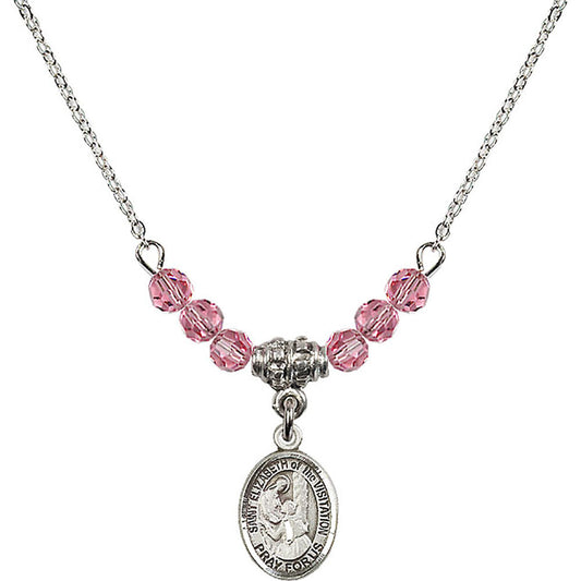 Sterling Silver Saint Elizabeth of the Visitation Birthstone Necklace with Rose Beads - 9311