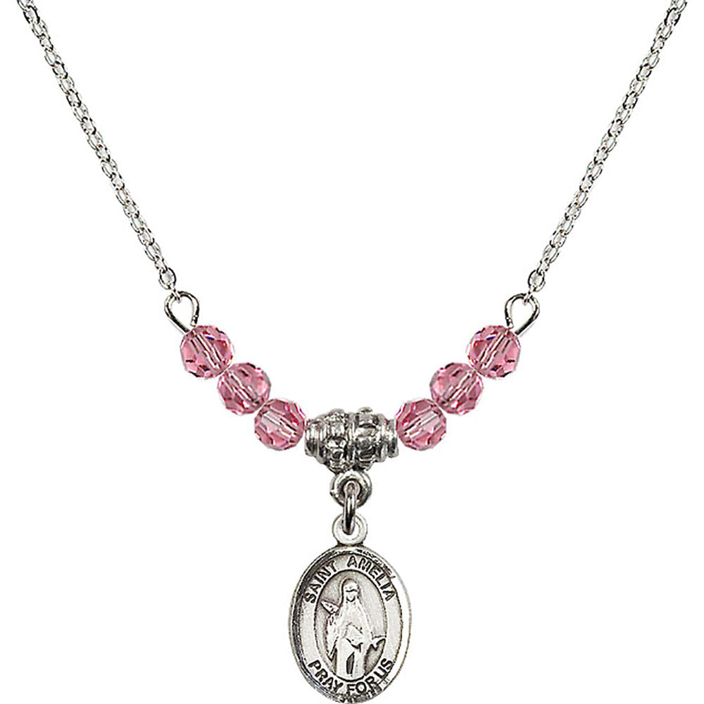Sterling Silver Saint Amelia Birthstone Necklace with Rose Beads - 9313