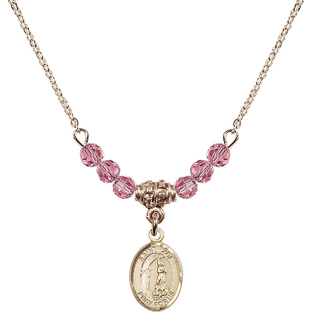 14kt Gold Filled Saint Zoe of Rome Birthstone Necklace with Rose Beads - 9314