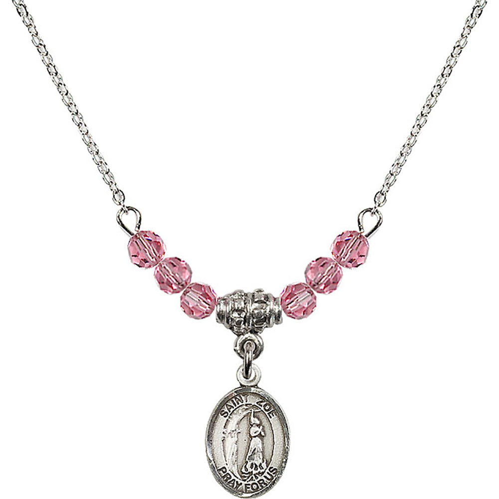 Sterling Silver Saint Zoe of Rome Birthstone Necklace with Rose Beads - 9314