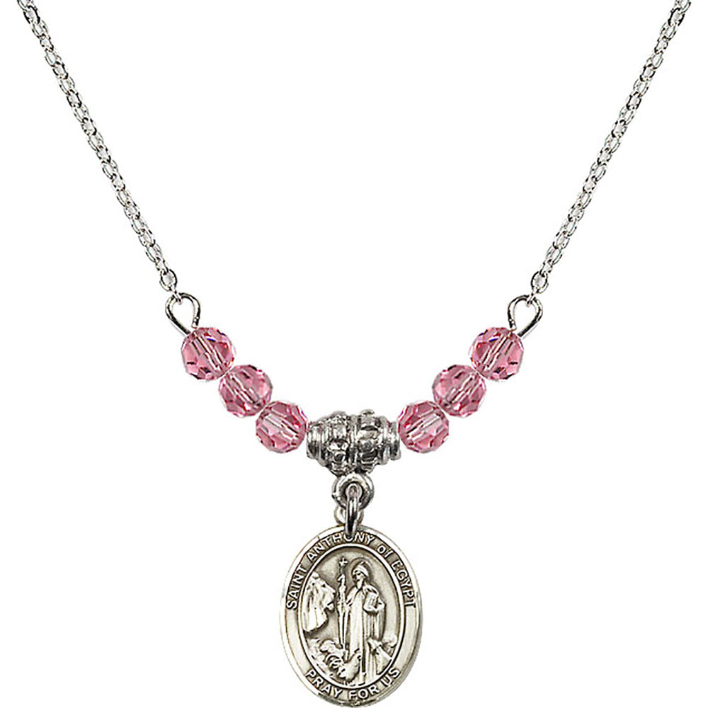 Sterling Silver Saint Anthony of Egypt Birthstone Necklace with Rose Beads - 9317