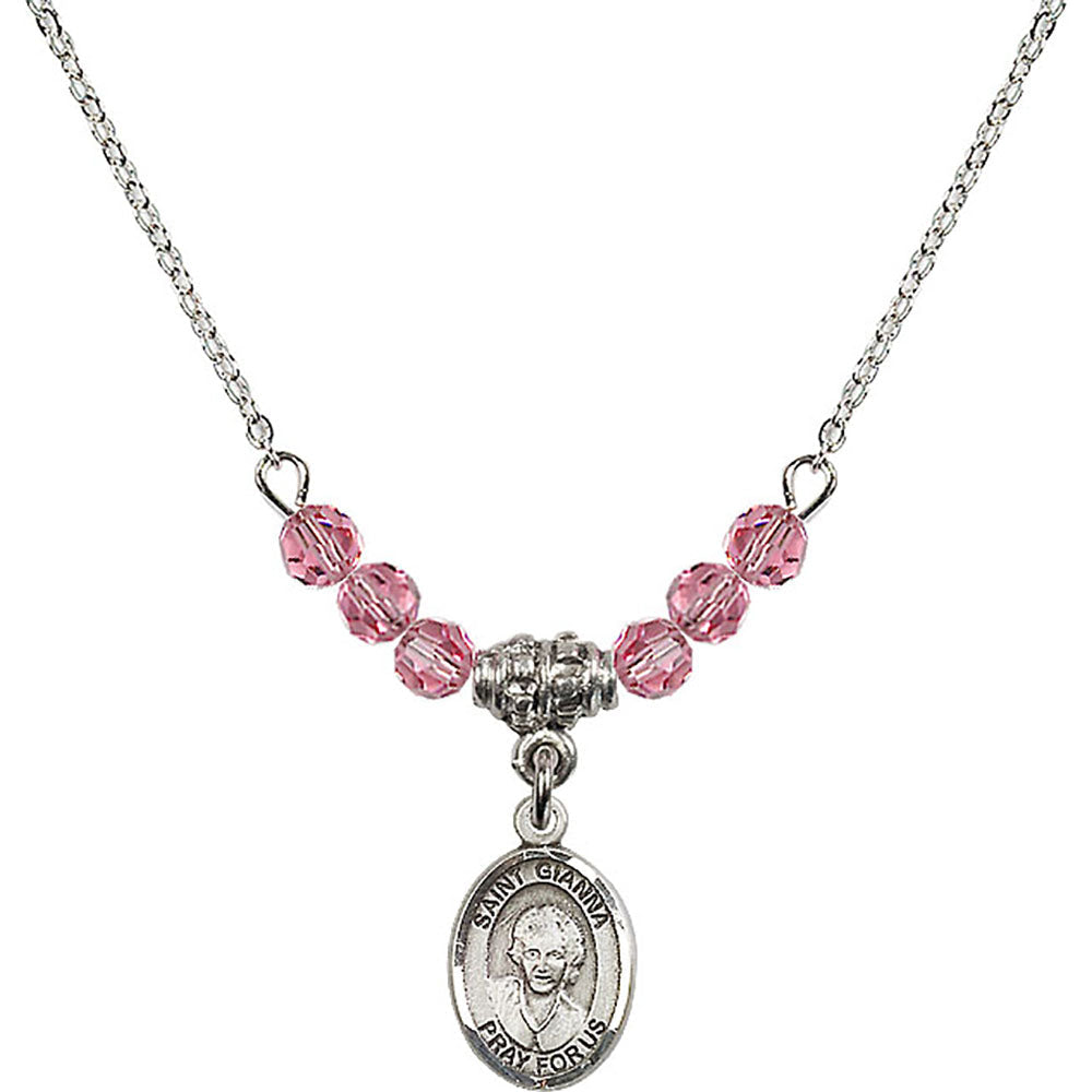 Sterling Silver Saint Gianna Beretta Molla Birthstone Necklace with Rose Beads - 9322