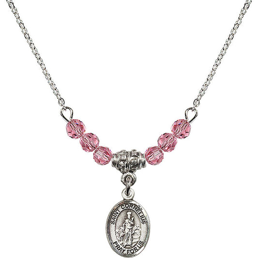 Sterling Silver Saint Cornelius Birthstone Necklace with Rose Beads - 9325