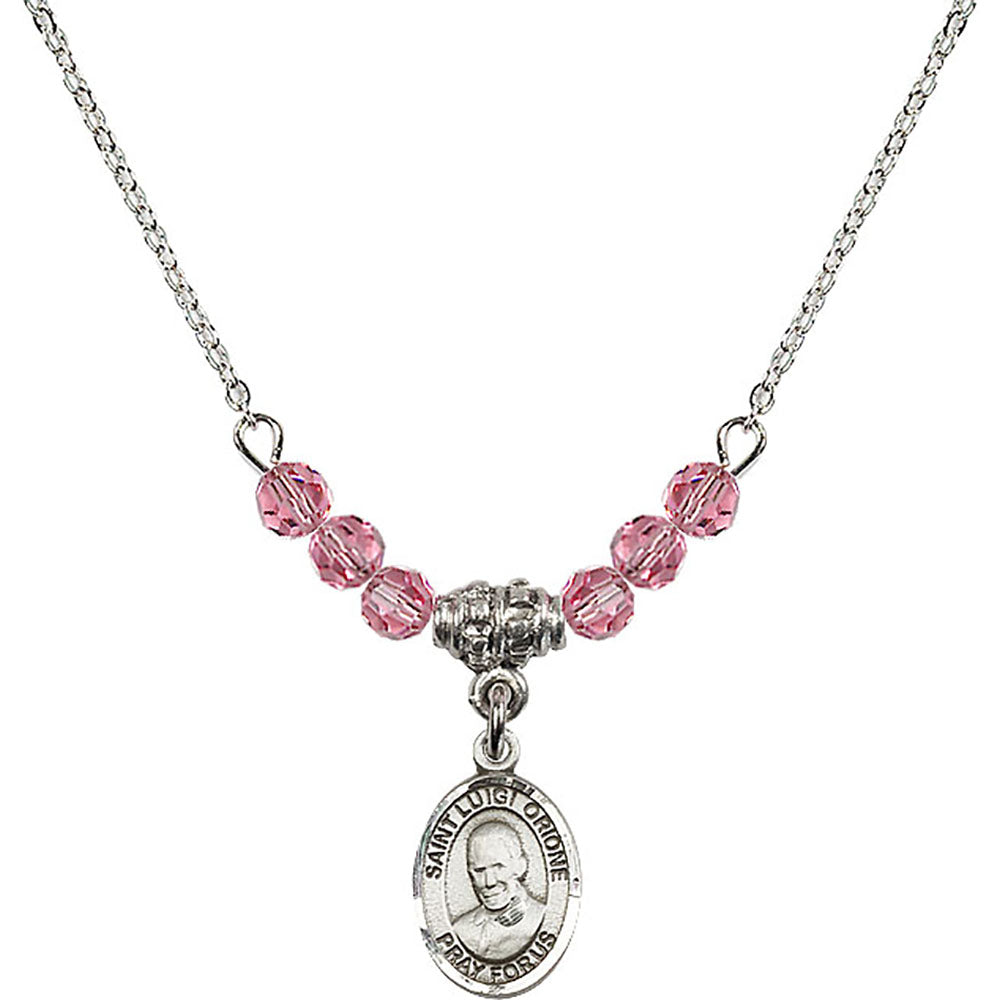 Sterling Silver Saint Luigi Orione Birthstone Necklace with Rose Beads - 9326