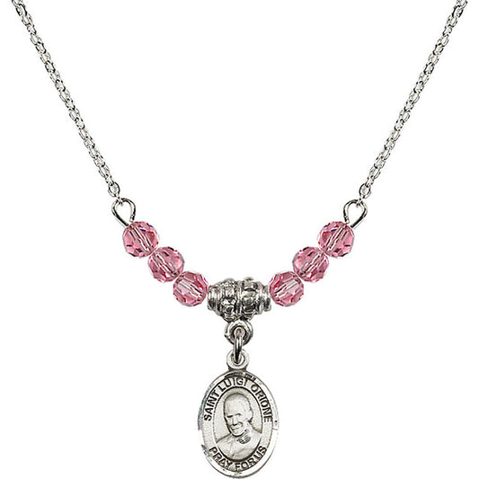 Sterling Silver Saint Luigi Orione Birthstone Necklace with Rose Beads - 9326