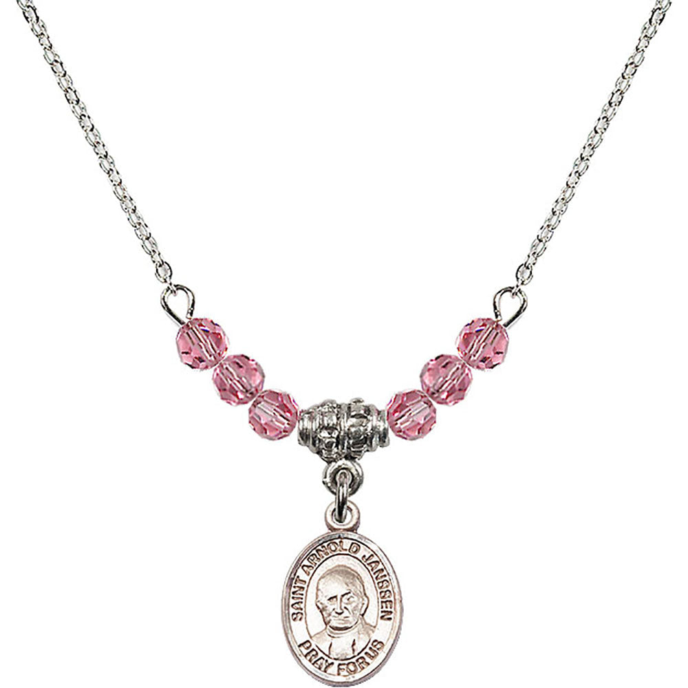 Sterling Silver Saint Arnold Janssen Birthstone Necklace with Rose Beads - 9328