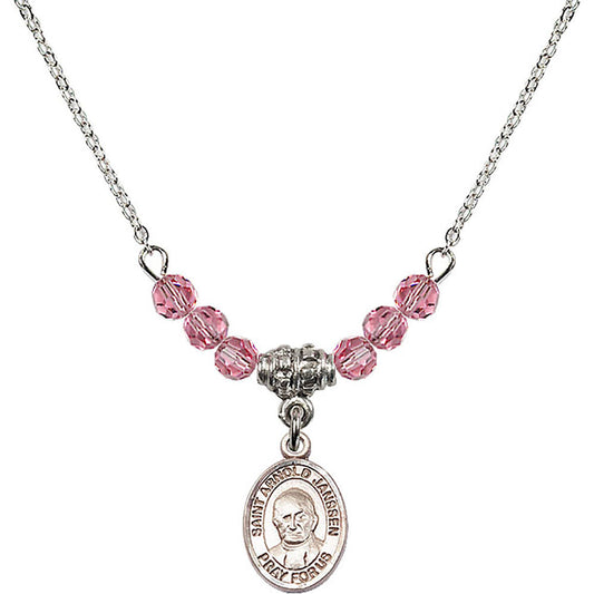Sterling Silver Saint Arnold Janssen Birthstone Necklace with Rose Beads - 9328