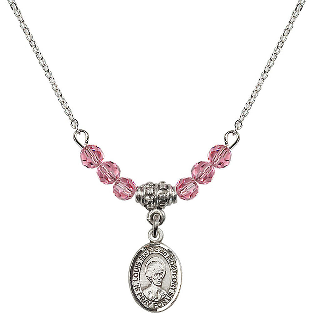 Sterling Silver Saint Louis Marie de Montfort Birthstone Necklace with Rose Beads - 9330