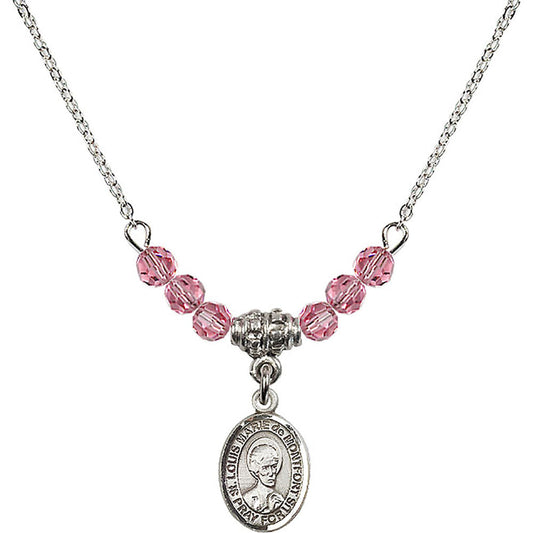 Sterling Silver Saint Louis Marie de Montfort Birthstone Necklace with Rose Beads - 9330