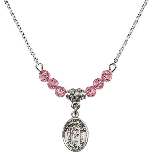 Sterling Silver Saint Matthias the Apostle Birthstone Necklace with Rose Beads - 9331