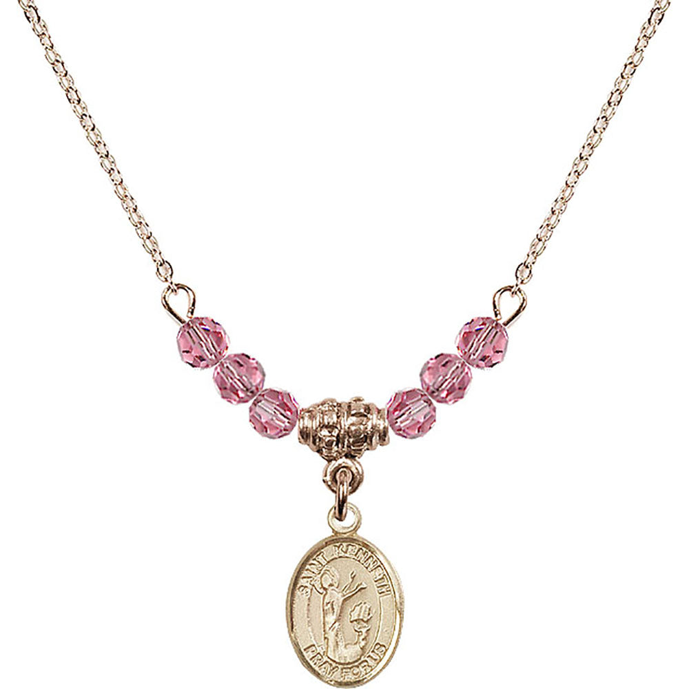 14kt Gold Filled Saint Kenneth Birthstone Necklace with Rose Beads - 9332