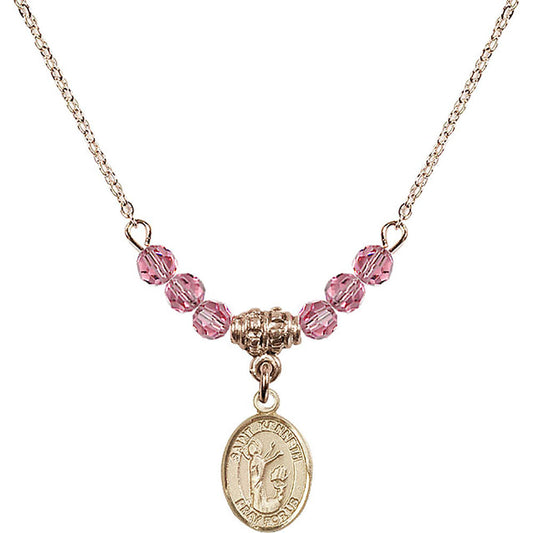 14kt Gold Filled Saint Kenneth Birthstone Necklace with Rose Beads - 9332