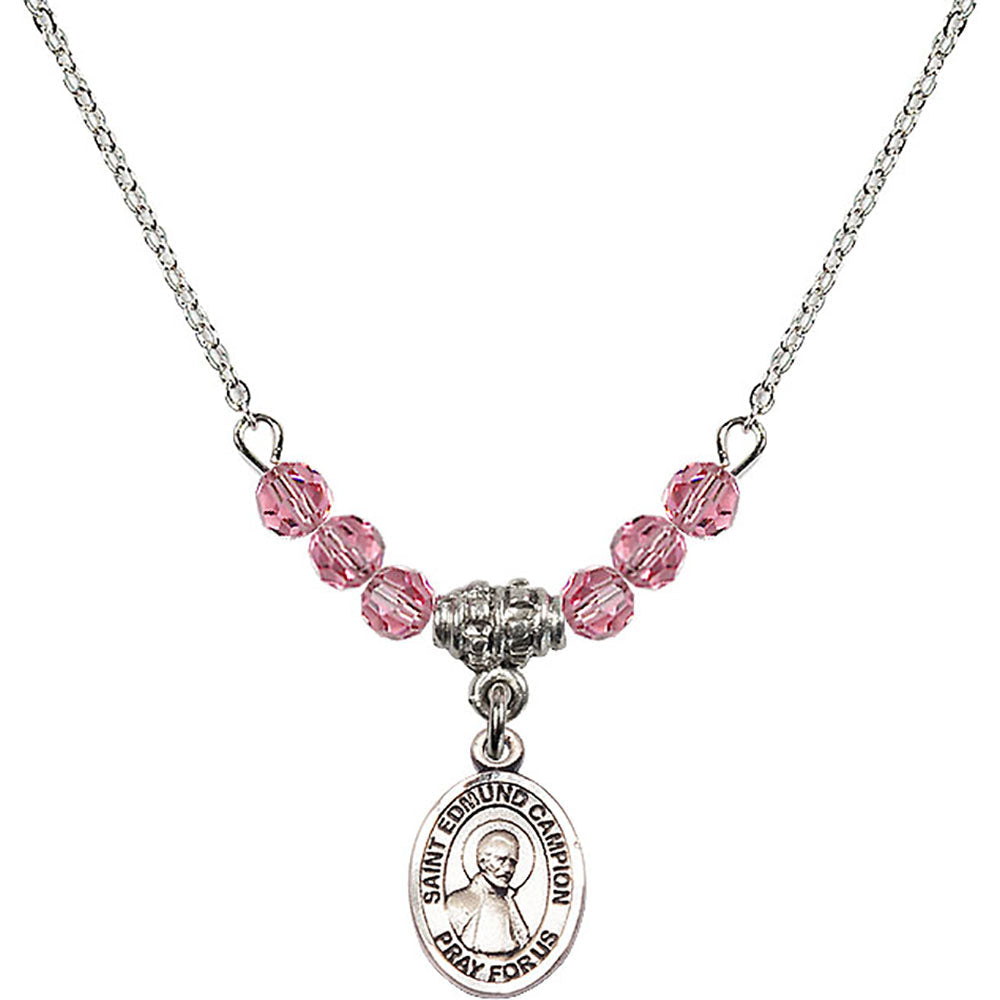 Sterling Silver Saint Edmund Campion Birthstone Necklace with Rose Beads - 9333